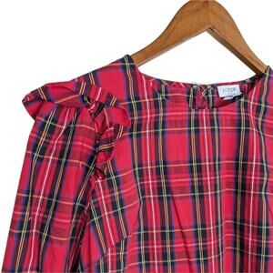 J. Crew Red Tartan Plaid Ruffle Flutter Shoulder Top XS Long Sleeve AT885